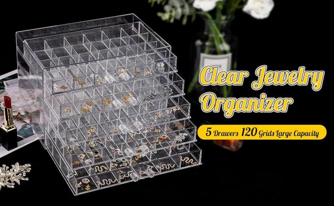 Organiseur de bijoux transparent, boîte de bijoux durable avec 5 tiroirs, boîte d'organisation de bijoux, organiseur de bijoux d'oreille 0