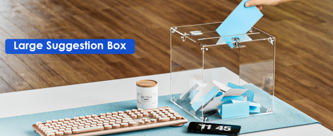 Boîte à dons en acrylique, 9,8 "x 9,8" x 9,8 "Boîte à bulletins de vote, boîte à suggestions avec verrou - Boîte à commentaires grande - argent clair 1