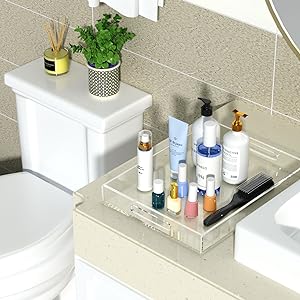 Plateau de service transparent à l'épreuve des déversements - Organiseur de plateau décoratif acrylique pour une table basse ottomane avec poignées 6