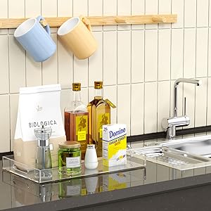 Plateau de service transparent à l'épreuve des déversements - Organiseur de plateau décoratif acrylique pour une table basse ottomane avec poignées 9