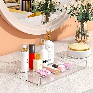 Plateau de service transparent à l'épreuve des déversements - Organiseur de plateau décoratif acrylique pour une table basse ottomane avec poignées 10