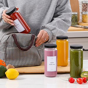 Bouteilles de jus en verre avec 2 paillettes et 2 couvercles à trou- 16 OZ Bouteilles de boisson de voyage, tasses d'eau à couvercle étanche noir 10