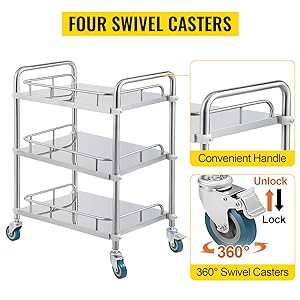 Chariot à roulettes de laboratoire 3 étagères étagère Chariot à roulettes en acier inoxydable de restauration Chariot d'utilité dentaire roue commerciale Dolly 2