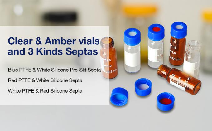 Flacons d'échantillonnage automatique de 2 ml avec zone d'écriture et graduations, 9-425 HPLC, bouchon à vis, PTFE blanc et sépta de silicone rouge 2