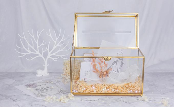 Bo&icirc;te de cartes de mariage en verre avec fente, bo&icirc;te de cartes transparente Bo&icirc;te de stockage de cartes-cadeaux en laiton or Parfaite pour les r&eacute;ceptions de mariage 0