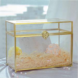 Bo&icirc;te de cartes de mariage en verre avec fente, bo&icirc;te de cartes transparente Bo&icirc;te de stockage de cartes-cadeaux en laiton or Parfaite pour les r&eacute;ceptions de mariage 3