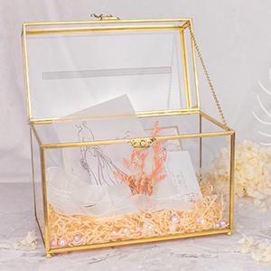 Bo&icirc;te de cartes de mariage en verre avec fente, bo&icirc;te de cartes transparente Bo&icirc;te de stockage de cartes-cadeaux en laiton or Parfaite pour les r&eacute;ceptions de mariage 2
