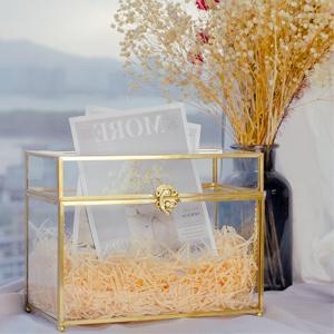Bo&icirc;te de cartes de mariage en verre avec fente, bo&icirc;te de cartes transparente Bo&icirc;te de stockage de cartes-cadeaux en laiton or Parfaite pour les r&eacute;ceptions de mariage 5