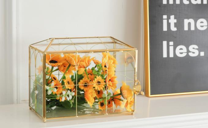 Bo&icirc;te &agrave; cartes de mariage en verre avec fente, grande bo&icirc;te &agrave; cartes transparente Bo&icirc;te de stockage de cartes-cadeaux en laiton en or avec verrou pour mariage 0