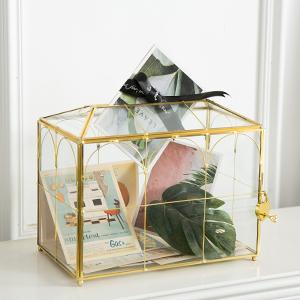 Bo&icirc;te &agrave; cartes de mariage en verre avec fente, grande bo&icirc;te &agrave; cartes transparente Bo&icirc;te de stockage de cartes-cadeaux en laiton en or avec verrou pour mariage 1