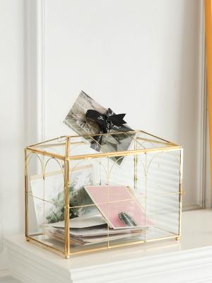 Bo&icirc;te &agrave; cartes de mariage en verre avec fente, grande bo&icirc;te &agrave; cartes transparente Bo&icirc;te de stockage de cartes-cadeaux en laiton en or avec verrou pour mariage 4