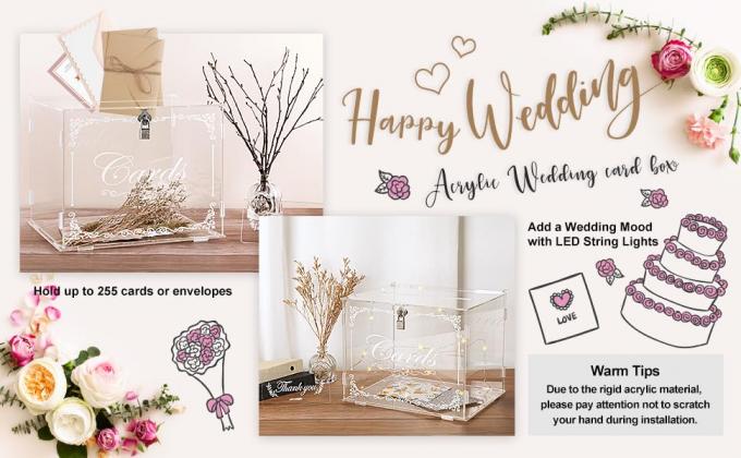 Bo&icirc;te de cartes de mariage en acrylique bo&icirc;te de cadeau de courrier, bo&icirc;te de carte transparente bo&icirc;tes d'enveloppe de grande lettre avec serrure et fente 1