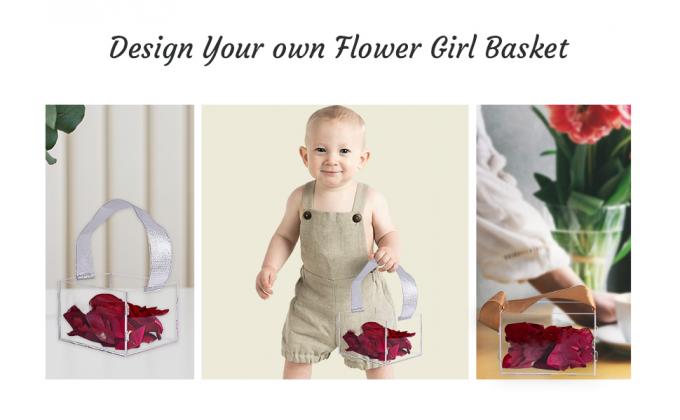 Panier de fille de fleurs claires pour le mariage - décoration de panier de mariage acrylique, nom personnalisé, poignée avec ruban de soie 0