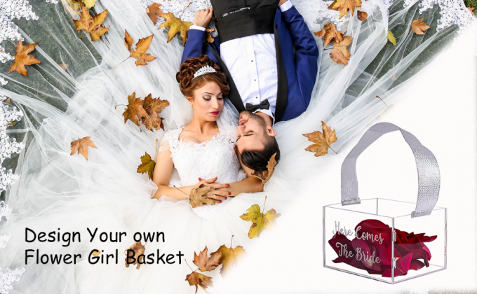 Panier de fille de fleurs claires pour le mariage - décoration de panier de mariage acrylique, nom personnalisé, poignée avec ruban de soie 2