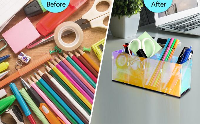 Porte-crayons transparents colorés, Porte-crayons acrylique, Organisateur de maquillage 4 compartiments pour bureau, bureau, bureau 1