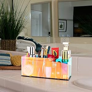 Porte-crayons transparents colorés, Porte-crayons acrylique, Organisateur de maquillage 4 compartiments pour bureau, bureau, bureau 3