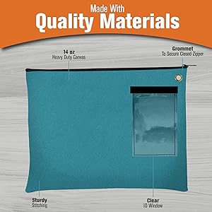 Teal. Un sac de transport. Un grand sac fermeture à glissière avec un grommet. Utiliser avec un cadenas ou une cravate fermeture à glissière pour la sécurité. Un sac de courrier interoffice. 1
