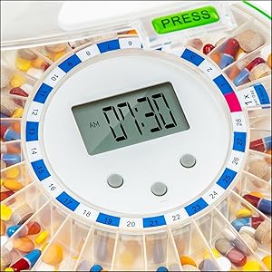 Automatic Pill Dispenser With 28-Day Electronic Medication Organizer, 6 Dosage Templates, Easy-Read LCD Display, Sound & Light Alerts & Key For Prescriptions, Vitamins, Supplements & More 1