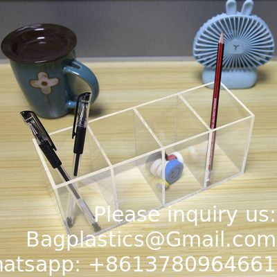 qualité  Acrylic Pen Holder 4 Compartments Clear Pencil Holder Organizer Makeup Brush Holder usine