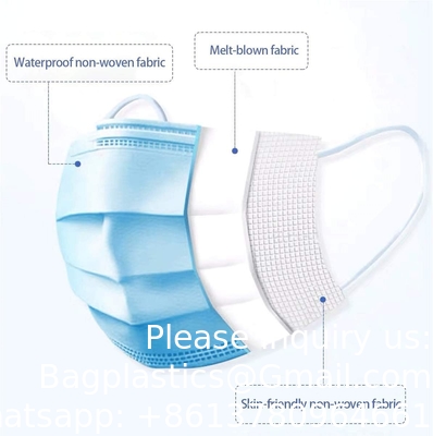 Masque jetable bleu, doux sur la peau, paquet de masques à 3 couches, couvre-visage, boucles d'oreilles élastiques, parfait pour la maison et le bureau.
