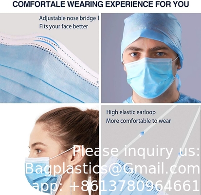 Masque jetable bleu, doux sur la peau, paquet de masques à 3 couches, couvre-visage, boucles d'oreilles élastiques, parfait pour la maison et le bureau.