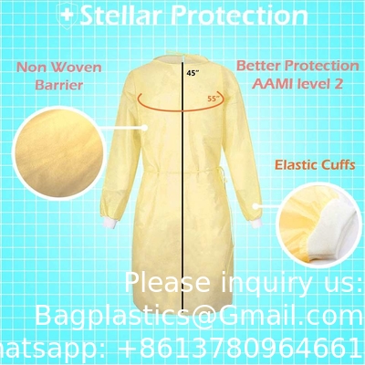 Médecin de l'hôpital AAMI Niveau 2 Jaune PP SMS Patient Robes d'isolement jetables Résistantes aux fluides, dentaires, médicales