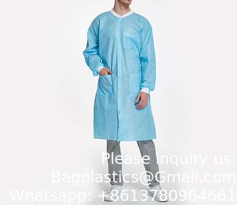 Manteau de laboratoire SMS Travail Portez un uniforme de poche épuration Longueur du genou Non tissé jetable avec collier tricoté et menottes