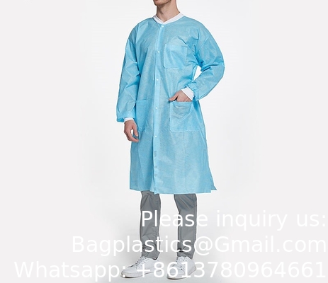 Manteau de laboratoire SMS Travail Portez un uniforme de poche épuration Longueur du genou Non tissé jetable avec collier tricoté et menottes