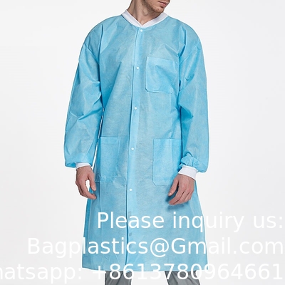 Manteau de laboratoire SMS Travail Portez un uniforme de poche épuration Longueur du genou Non tissé jetable avec collier tricoté et menottes