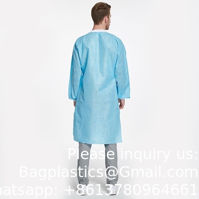 Manteau de laboratoire SMS Travail Portez un uniforme de poche épuration Longueur du genou Non tissé jetable avec collier tricoté et menottes