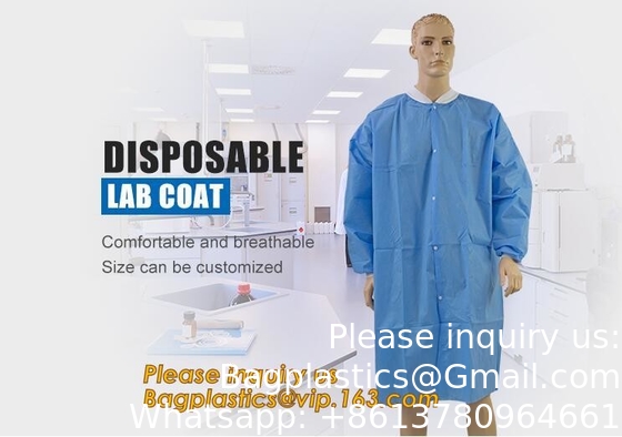 Vêtements de laboratoire de haute qualité Vêtements de laboratoire médicaux jetables Vêtements de laboratoire jetables pour médecins SMS Vêtements de laboratoire jetables avec manches tricotées et collier