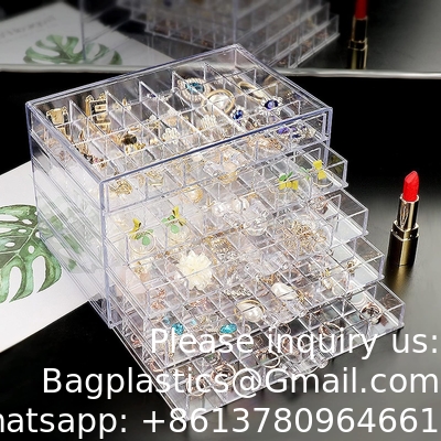 Organiseur de bijoux transparent, boîte de bijoux durable avec 5 tiroirs, boîte d'organisation de bijoux, organiseur de bijoux d'oreille