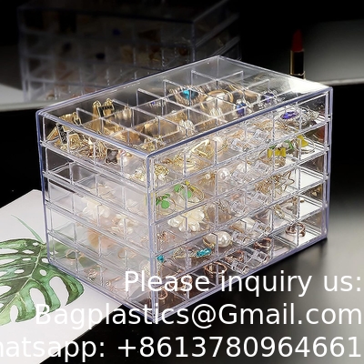 Organiseur de bijoux transparent, boîte de bijoux durable avec 5 tiroirs, boîte d'organisation de bijoux, organiseur de bijoux d'oreille