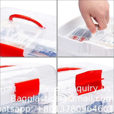 Récipient de trousse de premiers soins, boîte de stockage de médicaments de voyage avec plateau Récipient de trousse de premiers soins, boîte d'organisation transparente