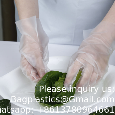 Gants en poly (CPE, TPE, LDPE, HDPE) pour les travaux ménagers, les produits alimentaires, le nettoyage, le bleu transparent ou toute autre couleur