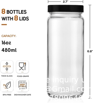 Bouteilles de jus en verre avec 2 paillettes et 2 couvercles à trou- 16 OZ Bouteilles de boisson de voyage, tasses d'eau à couvercle étanche noir