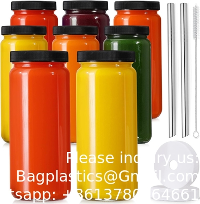 Bouteilles de jus en verre avec 2 paillettes et 2 couvercles à trou- 16 OZ Bouteilles de boisson de voyage, tasses d'eau à couvercle étanche noir