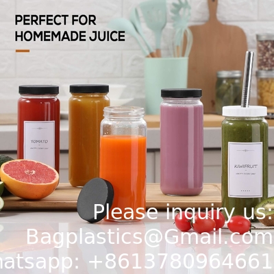 Bouteilles de jus en verre avec 2 paillettes et 2 couvercles à trou- 16 OZ Bouteilles de boisson de voyage, tasses d'eau à couvercle étanche noir