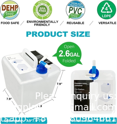 Récipient d'eau de 2,6 gallons sans BPA, récipients de stockage d'eau d'urgence avec éternuement, fût de stockage portable pliable