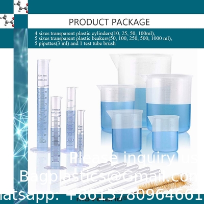 Bouteilles et bols en plastique avec 5 pipettes, 10 ml 25 ml 50 ml Bouteilles de 100 ml, 50 ml 100 ml 250 ml 500 ml 1000 ml
