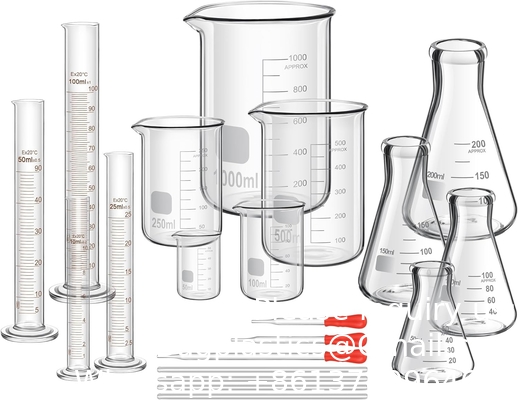 Les verres de laboratoire comprennent 4 ensembles de cylindres gradués, 4 ensembles de bols en verre, 3 gouttelettes en verre, 4 baguettes, 5 tasses de mesure