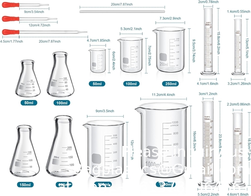 Les verres de laboratoire comprennent 4 ensembles de cylindres gradués, 4 ensembles de bols en verre, 3 gouttelettes en verre, 4 baguettes, 5 tasses de mesure