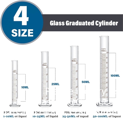 Les verres de laboratoire comprennent 4 ensembles de cylindres gradués, 4 ensembles de bols en verre, 3 gouttelettes en verre, 4 baguettes, 5 tasses de mesure