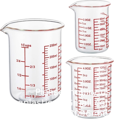 Coupe de mesure en verre borosilicate Ensemble de bec en forme de V Inclut 60 ml ((2OZ), 120 ml ((4OZ), 250 ml ((8OZ) Beaker de mesure en verre