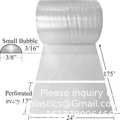 Ruloir à bulles largeur 24 x largeur 175 pieds petites bulles 3/16 perforées tous les 12 ans, enveloppe de rembourrage à bulles perforées claires