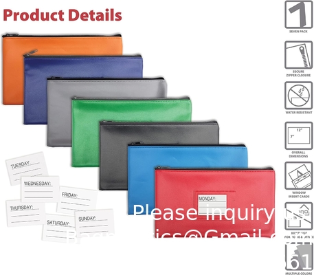 Sac de dépôt bancaire de sécurité à fermeture à glissière, fenêtre ouverte et 14 cartes d'insertion Sac de trésorerie, sac d'utilité, 7 couleurs variées