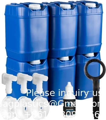 Récipients de stockage d'eau empilés avec couvercles, kit de stockage d'eau d'urgence, robinets et bouteilles de conservateur d'eau