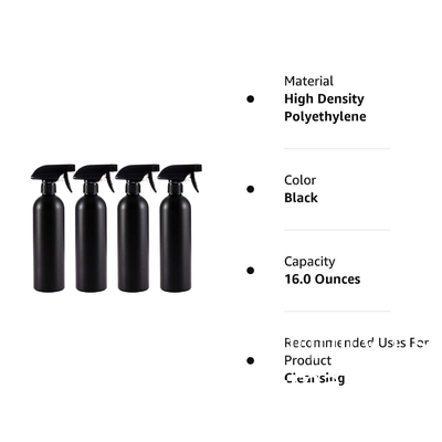 Bouteilles de pulvérisation en plastique noir pour les solutions de nettoyage 16 oz (emballage de 4), pulvérisation vide rechargeable réutilisable