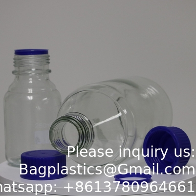 Réactif scientifique pour l'eau de laboratoire 500 ml bouteilles de verre rondes pour le stockage des médias avec bouchon à vis GL45, verre borosilicate