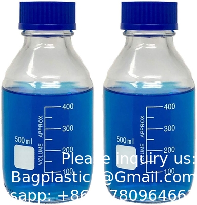 Réactif scientifique pour l'eau de laboratoire 500 ml bouteilles de verre rondes pour le stockage des médias avec bouchon à vis GL45, verre borosilicate